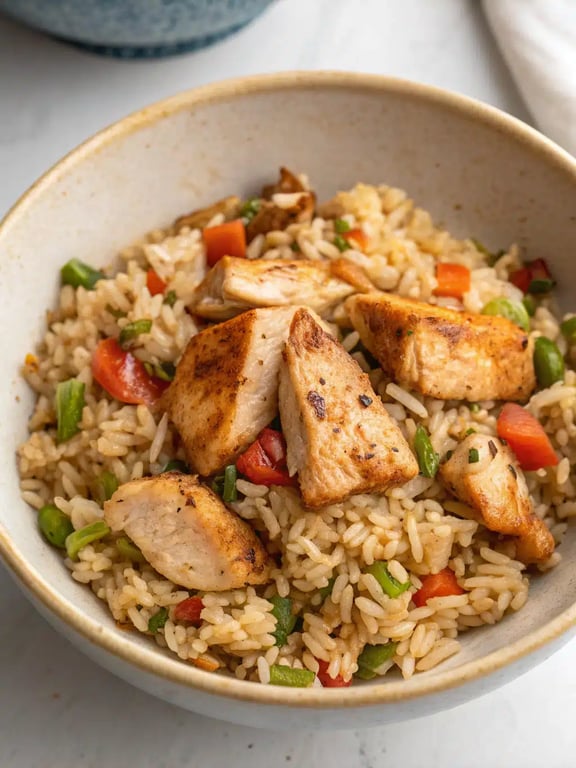 Cajun-kycklingris serverat med grönsallad och majsbröd vid sidan av