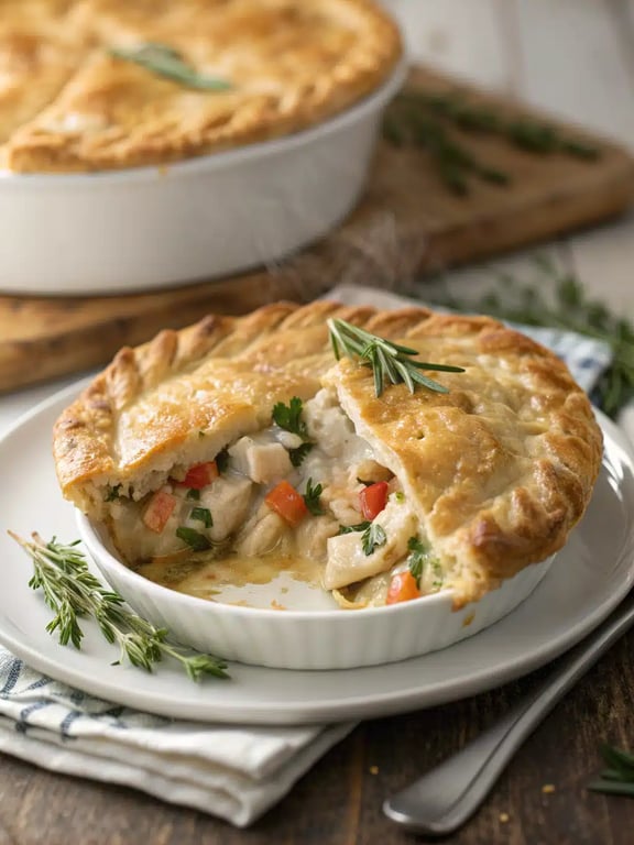 chicken pot pie plated with a fresh green salad on the side