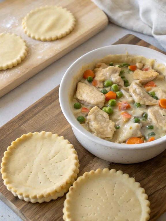 Steg 4 för kycklingpaj — häll den krämiga fyllningen i en pajform