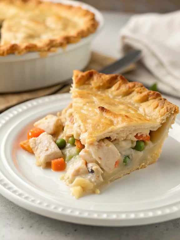 En bit kycklingpaj serverad med sallad och potatismos