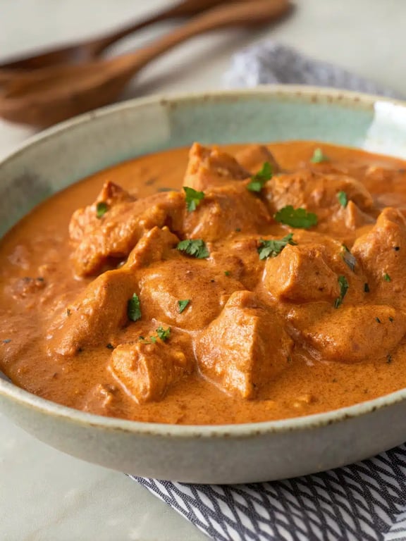 chicken tikka masala beautifully plated with basmati rice, naan, and fresh cilantro garnish