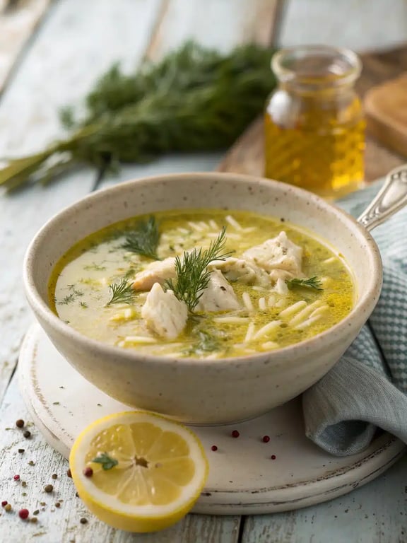 Grekisk citronkycklingsoppa med djup fräschör och dill