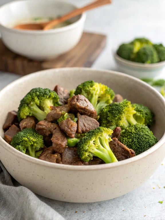 instant pot beef broccoli beautifully plated with steamed rice and garnishes