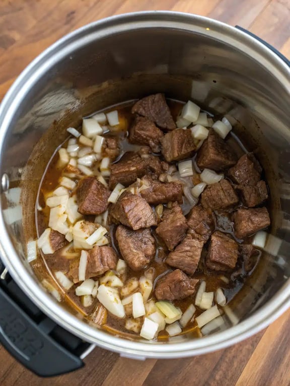 Checking the tenderness of beef tips in the Instant Pot after pressure cooking