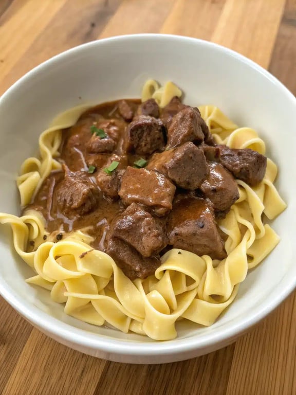 A family-style platter of instant pot beef tips with gravy, served over mashed potatoes with a side of green beans