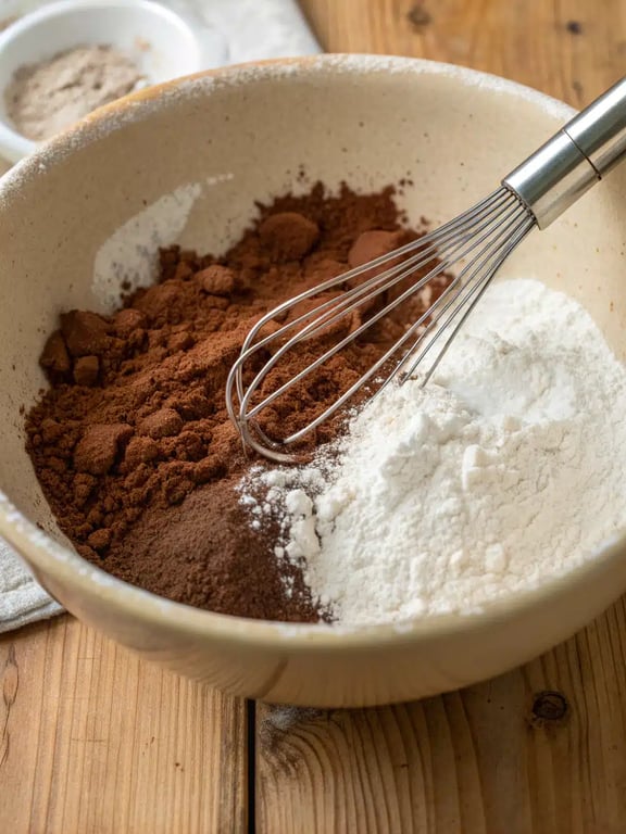 Mixing the thick, fudgy batter for instant pot brownie pudding in a large bowl.