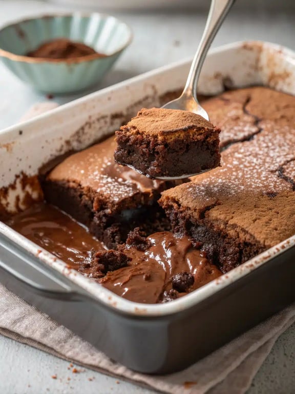 Instant pot brownie pudding served in a bowl with vanilla ice cream melting on top