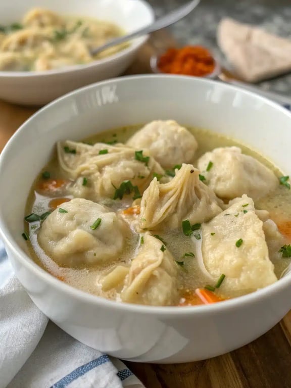 A beautifully served bowl of instant pot chicken dumplings with a side salad