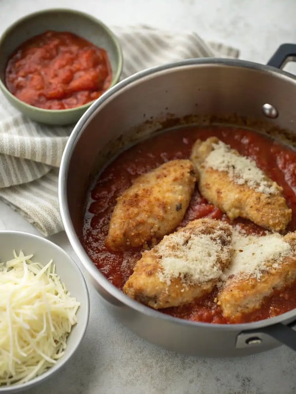 Final step for Instant Pot Chicken Parmesan — plated and ready