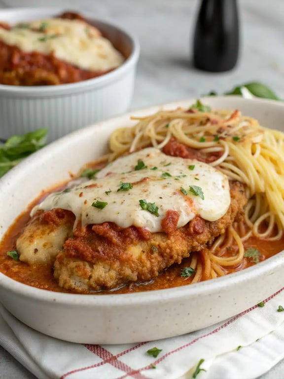 Instant Pot Chicken Parmesan plated with spaghetti and a side salad