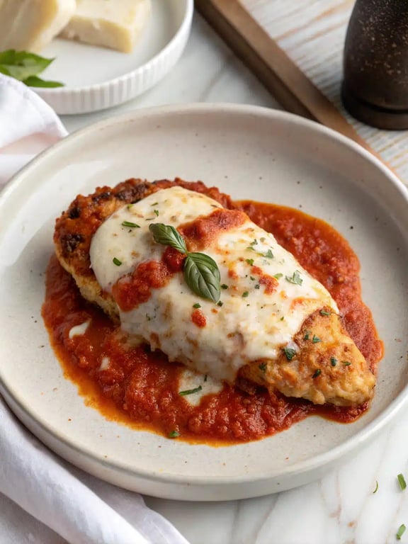 Instant Pot Chicken Parmesan plated with pasta and a side salad