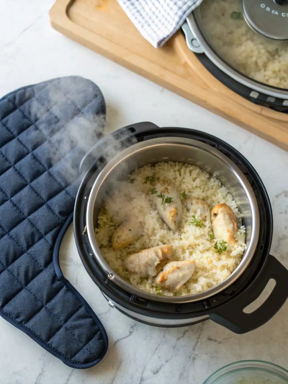 Final step for instant pot chicken rice — plated and ready
