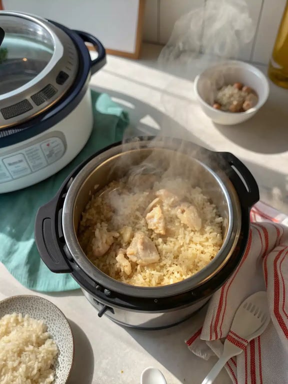Final step for instant pot chicken rice — plated and ready