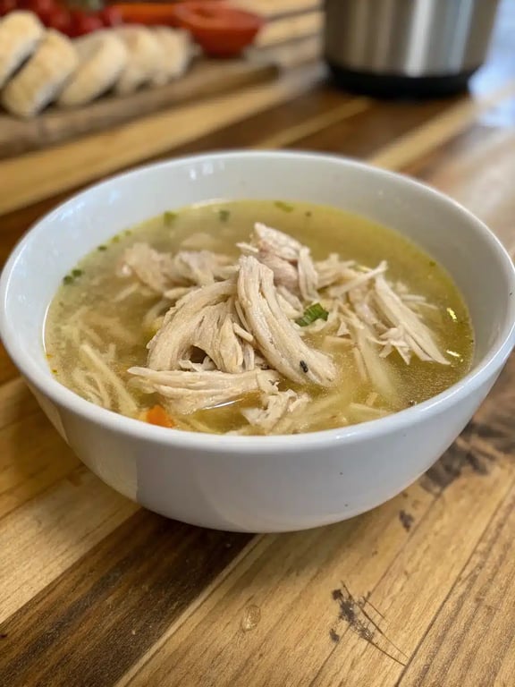 A beautifully set table with bowls of instant pot chicken soup, crusty bread, and a fresh salad