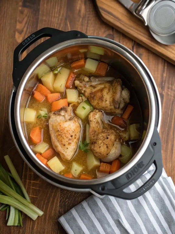 Final step for instant pot chicken stew — ladling the finished stew into a bowl