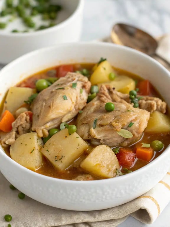 A beautifully served bowl of instant pot chicken stew with a side of crusty bread on a rustic table