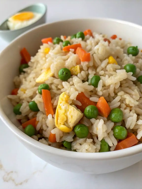 A beautifully plated bowl of instant pot fried rice with chopsticks and garnishes