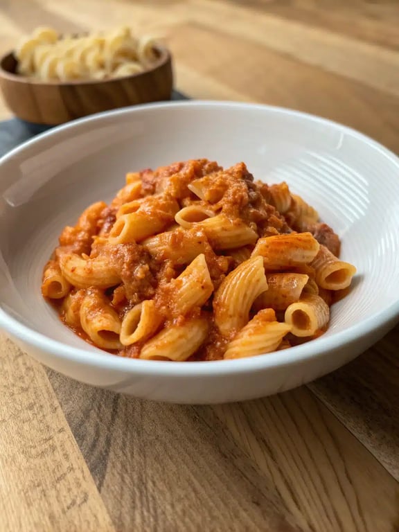 En vackert tallrikad skål med snabbpasta med sallad och bröd