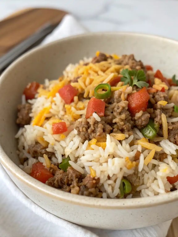instant pot taco rice served in a bowl with colorful toppings