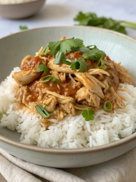 instant pot thai chicken beautifully plated with jasmine rice and fresh garnishes