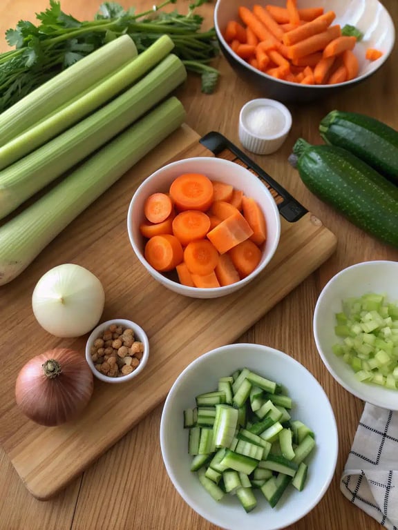 Ingredients for instant pot vegetable soup All ingredients for instant pot vegetable soup neatly arranged on a counter