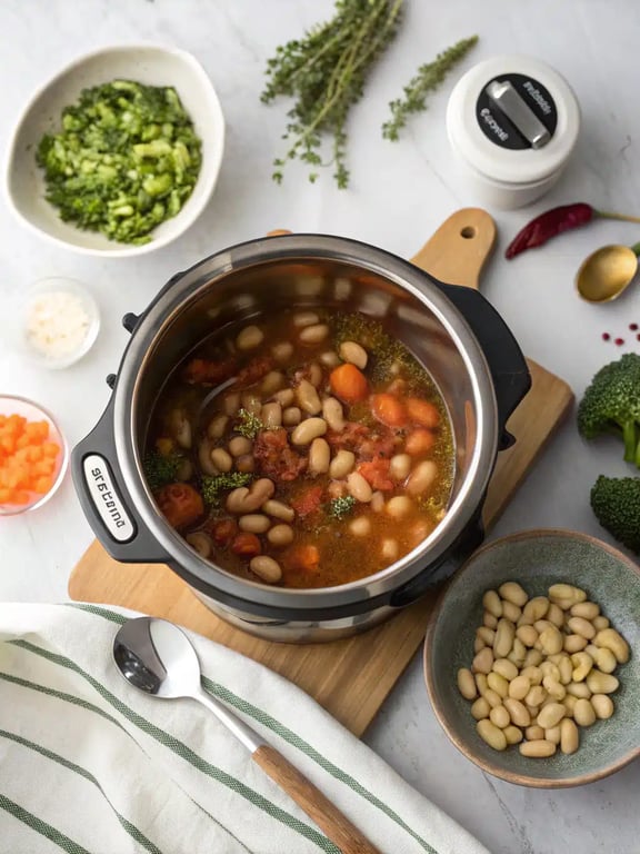Instant pot vegetable soup final step Final step for instant pot vegetable soup — ladling the finished soup into a bowl