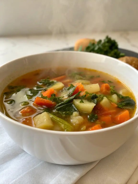Instant pot vegetable soup served with bread A beautifully served bowl of instant pot vegetable soup with a side of crusty bread
