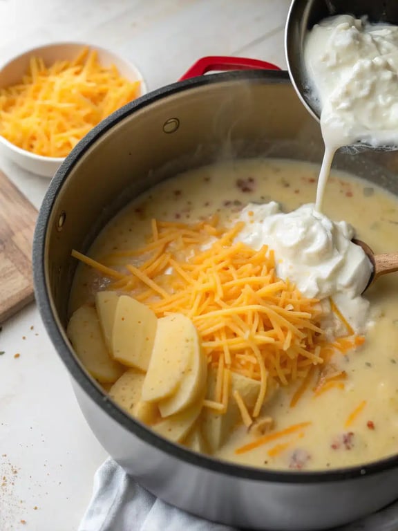 Finished loaded baked potato soup served in a bowl with toppings