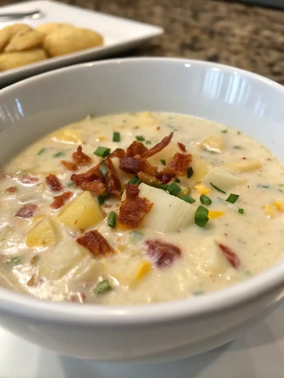 A beautifully served bowl of loaded baked potato soup with all the toppings