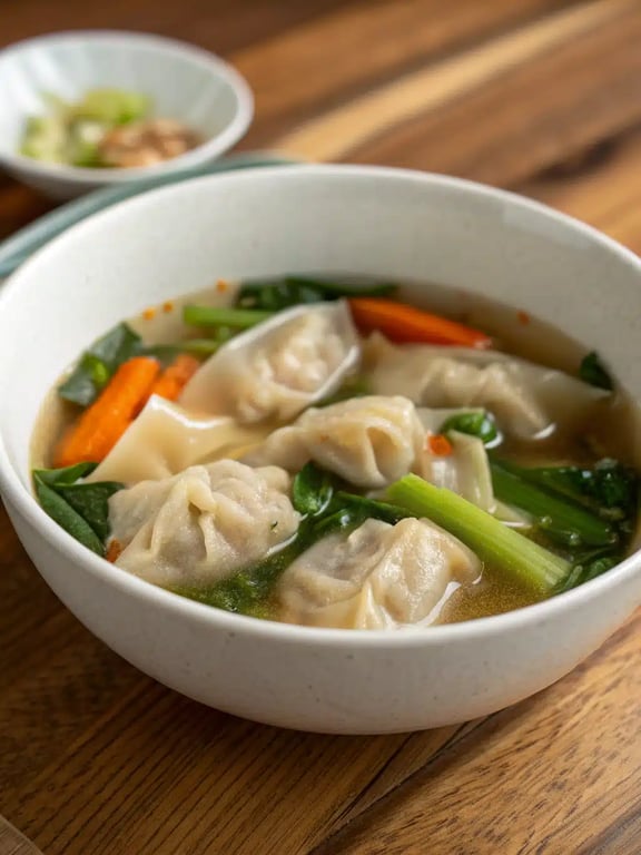 A beautifully served bowl of potsticker soup recipe with garnishes