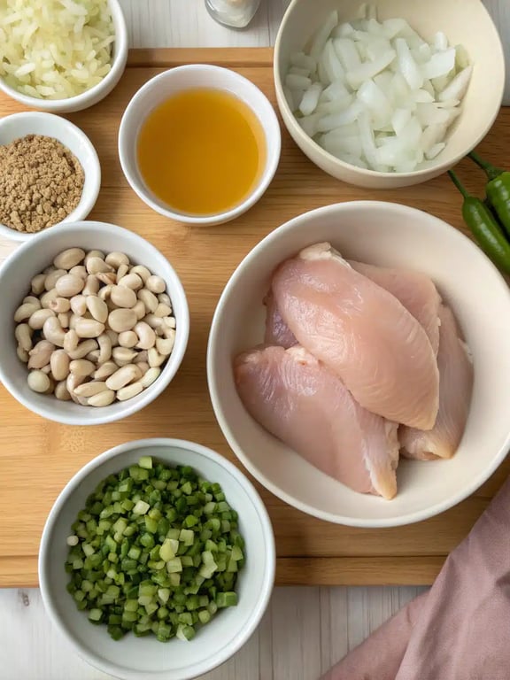 White chicken chili ingredients All ingredients for white chicken chili laid out on a kitchen counter
