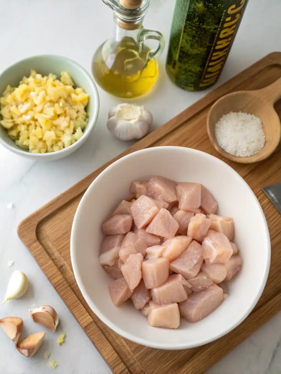 Cooking white chicken chili Cooking cubed chicken and onions for white chicken chili in a Dutch oven