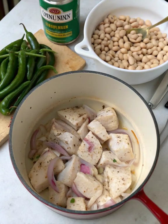 Simmering white chicken chili Simmering white chicken chili in a pot, showing its creamy texture