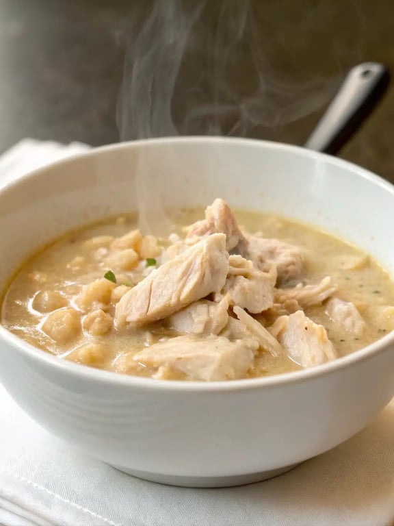 Serving white chicken chili A beautifully served bowl of white chicken chili with various toppings and sides