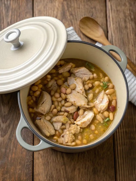 A finished bowl of creamy white chicken chili with avocado and lime garnish