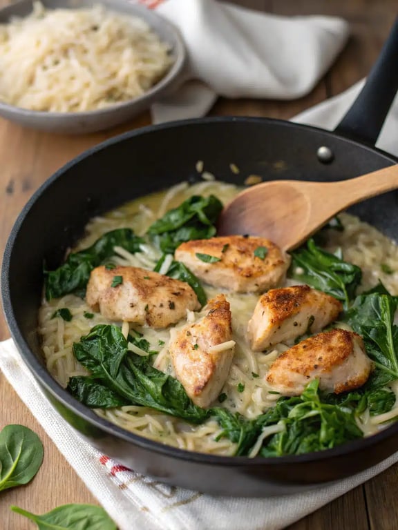 Step 4 for cheesy chicken orzo — texture check