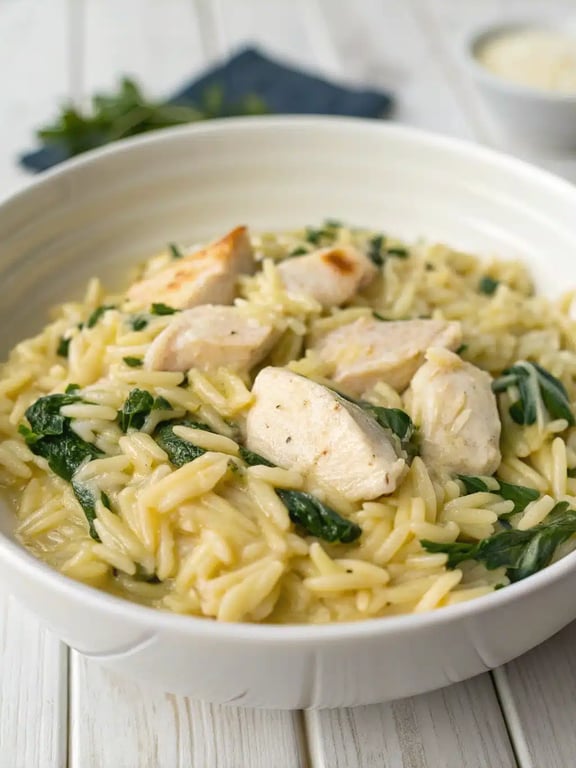 cheesy chicken orzo plated with a side salad and garlic bread