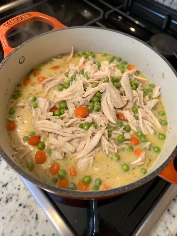 Final step for chicken pot pie soup — plated and ready