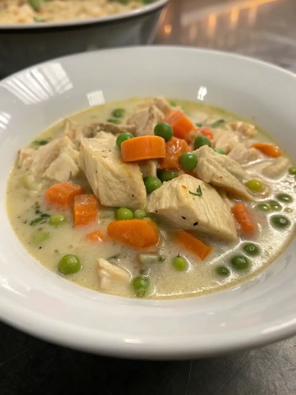 A bowl of chicken pot pie soup served with a buttermilk biscuit on the side