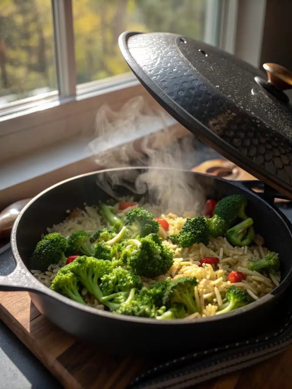 Final step for creamy broccoli cheddar orzo — creamy dish plated and ready to eat
