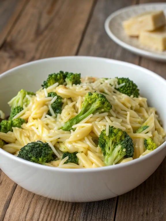 creamy broccoli cheddar orzo served in a bowl with a side salad