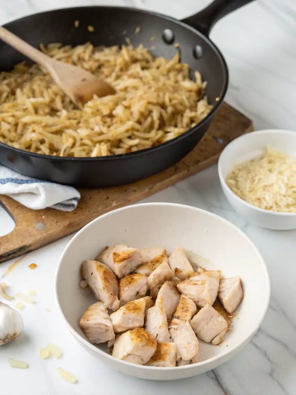 Step 4 for creamy chicken orzo — texture check