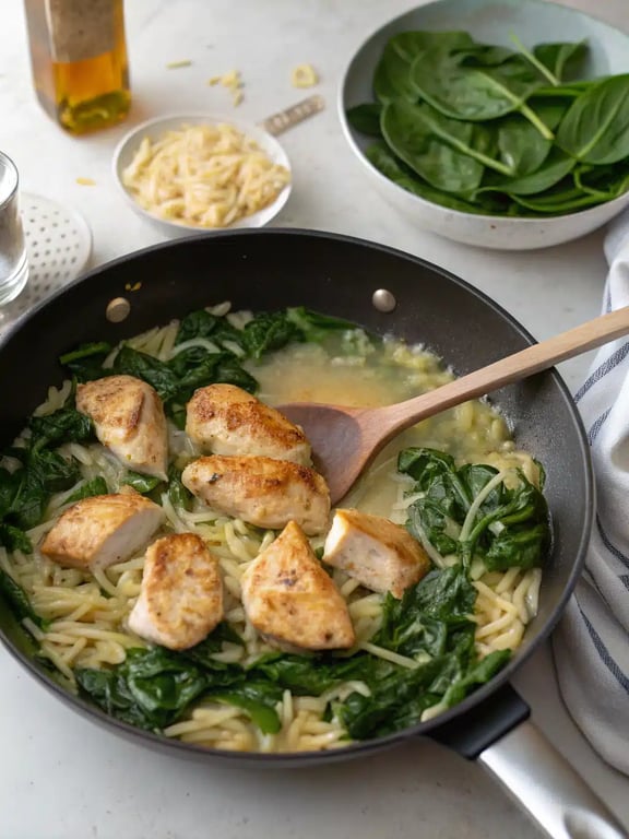 Final step for creamy chicken orzo — plated and ready