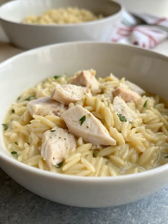 creamy chicken orzo plated with a side salad and lemon wedge