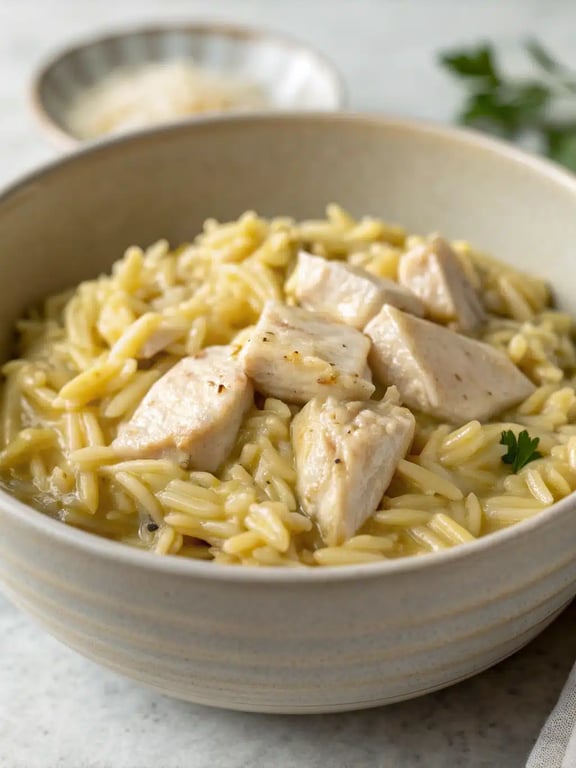 creamy chicken orzo plated with a side salad and crusty bread