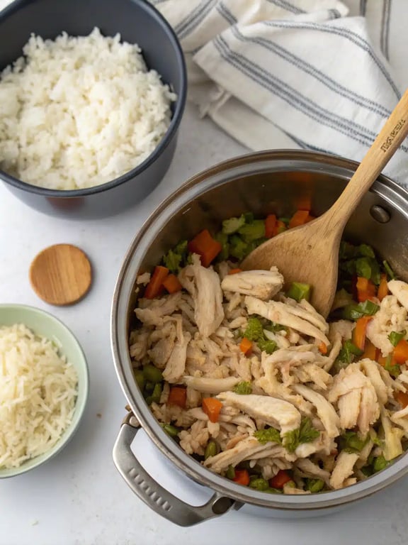 Step 4 for creamy chicken rice soup — texture check