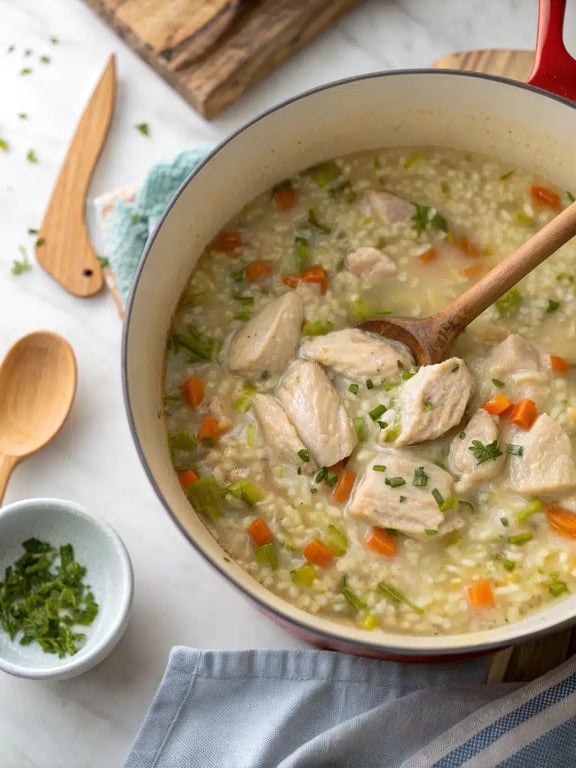 Final step for creamy chicken rice soup — plated and ready