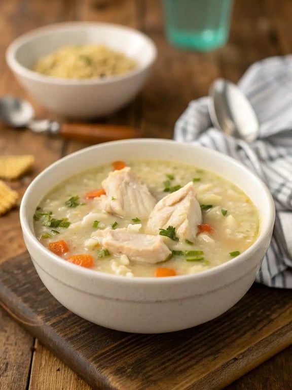 creamy chicken rice soup beautifully presented in a bowl with fresh parsley garnish