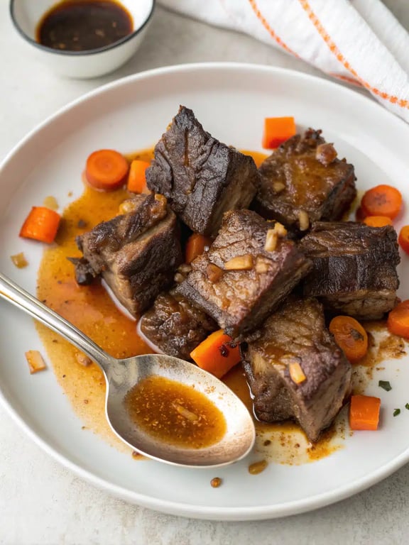 crockpot beef short ribs plated over mashed potatoes with extra sauce