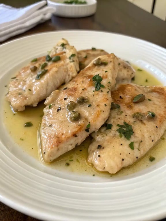 crockpot chicken piccata beautifully plated with pasta and lemon wedges